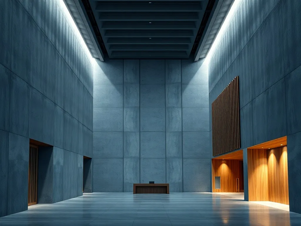 A minimalist modern bank building interior with clean lines,